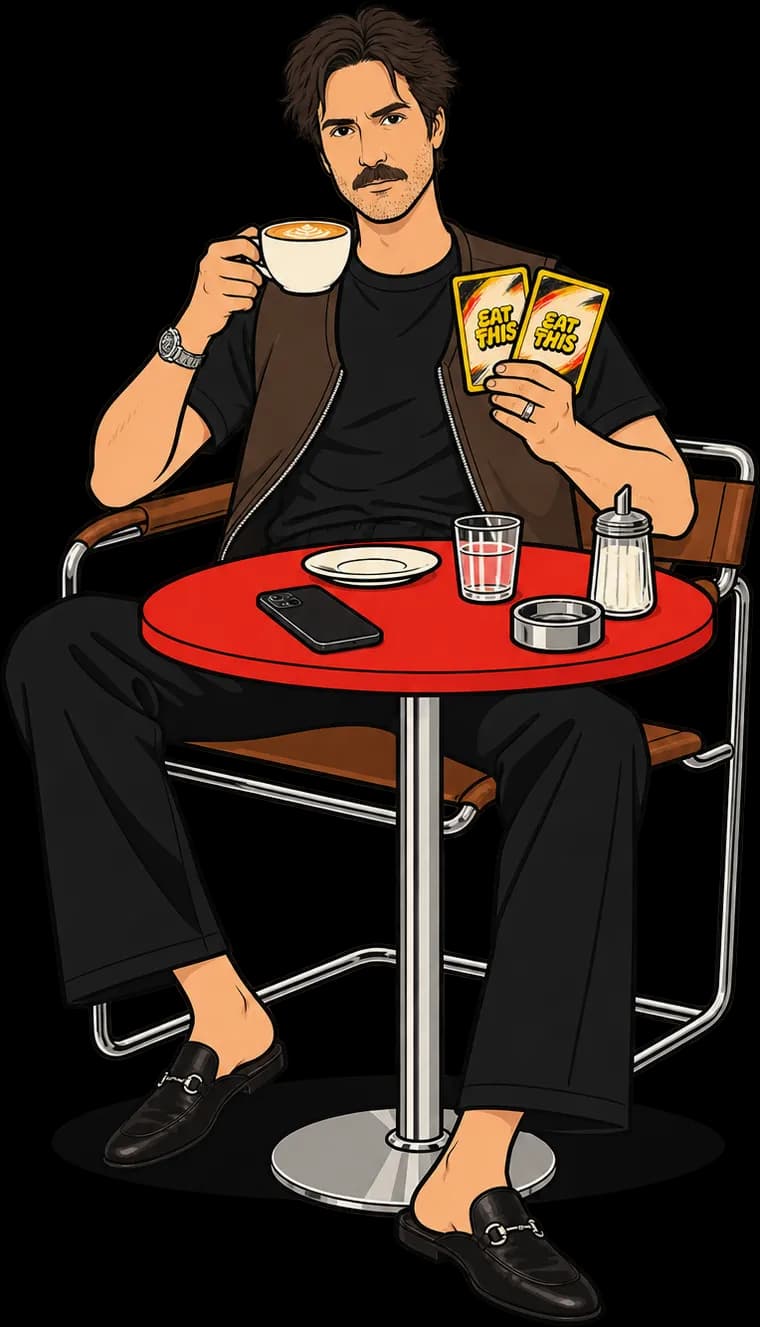 The founder of Eat This at a café table with a coffee and two Eat This cards