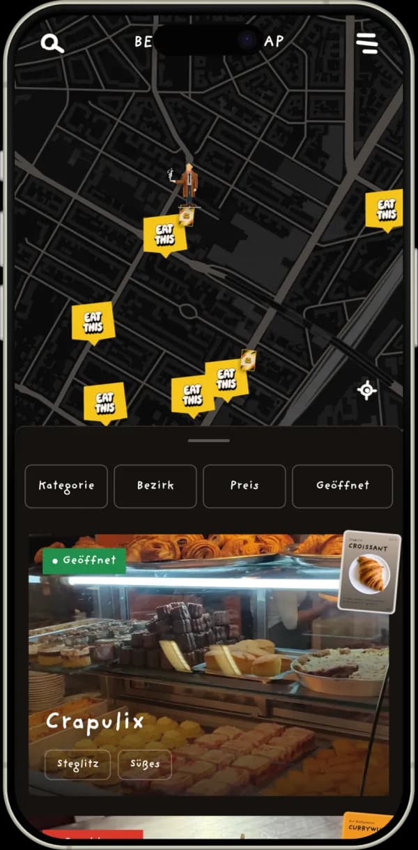 The Eat This app showing Berlin spots as yellow pins on the map